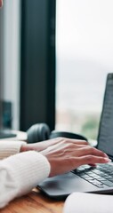 Aufkleber - Hands, laptop and typing with journal for creative project, blog article and publication. Remote work, woman and freelancer with internet research for editing story and proofreading in home office