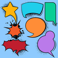 Fototapete - set of comic speech bubbles and elements balloon communication message set with black halftone shadows pop art style on isolated background