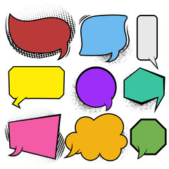 Fototapete - set of comic speech bubbles and elements balloon communication message set with black halftone shadows pop art style on isolated background