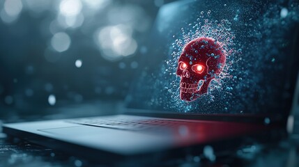 Poster - a red skull icon with glowing eyes superimposed on a computer screen, representing a dangerous compu