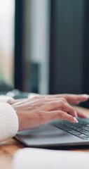Aufkleber - Woman, hands or typing on laptop for remote work, connectivity or email contact in home. Freelance editor, tech or research at table for creative writing, job opportunity or planning article for blog