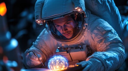 Poster - Astronaut conducts research in advanced space laboratory with glowing orb