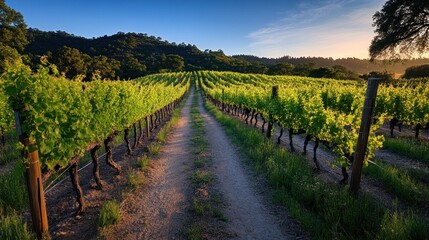 Poster - Vineyard Pathway at Sunset Golden Hour Light