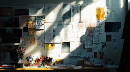 Poster - Sunlit Artists Workspace Filled With Sketches And Paintings