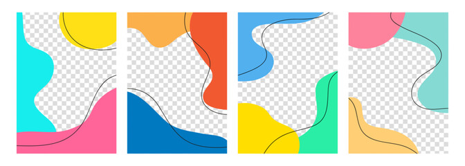 Poster - Set of graphic templates. Transparent background. Bright colored various dynamic liquid shapes and black outlines for creative graphic design. Vector illustration.