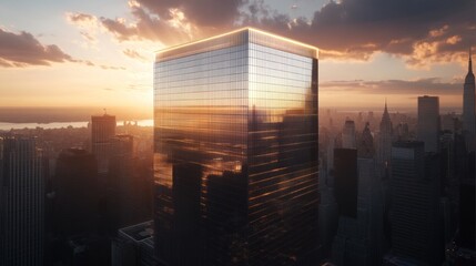 Poster - Modern Skyscraper Sunset Cityscape Golden Hour Reflection