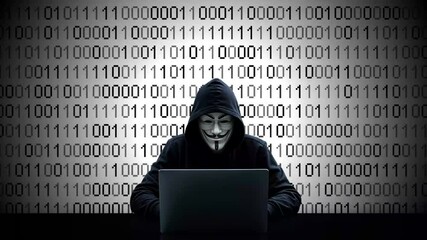 Hacker working on laptop on abstract digital background