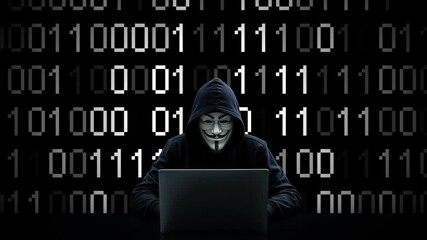 Hacker working on laptop on abstract digital background