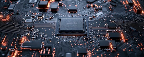 Poster - Dark gray circuit board with glowing orange lights and processor