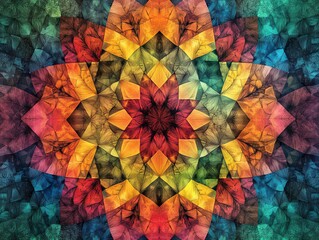 Poster - A vibrant, symmetrical kaleidoscope design featuring colorful, abstract shapes and patterns.