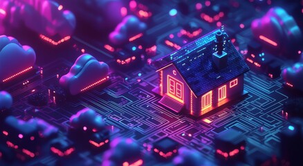 Poster - Isometric house on digital circuit board with cloud technology