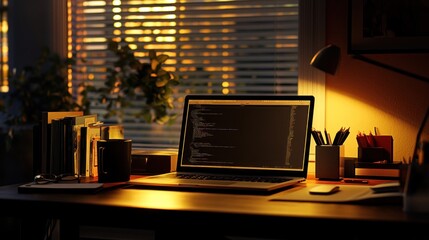 Poster - Laptop illuminated displaying code at a dimly lit desk