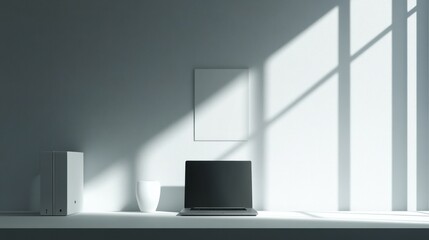 Poster - Minimalist Workspace With Laptop and Sunlight