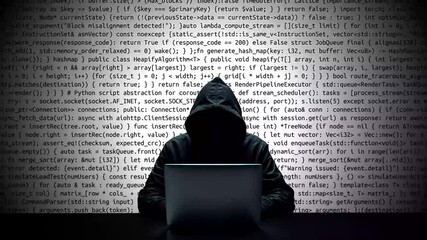 Hacker working on laptop on abstract digital background