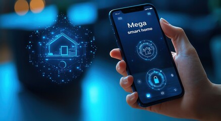 Poster - Hand holding smartphone with smart home control app interface
