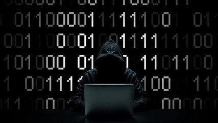 Hacker working on laptop on abstract digital background