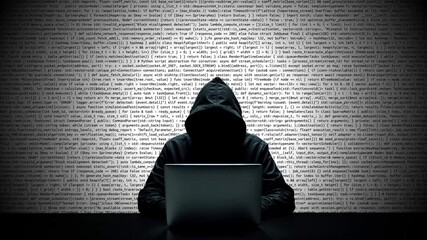 Hacker working on laptop on abstract digital background