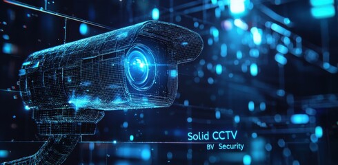 Poster - Futuristic CCTV camera with digital grid design for advanced security