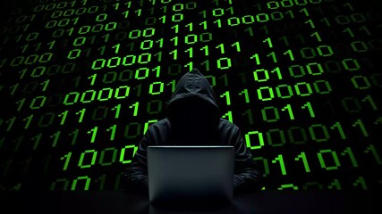 Hacker working on laptop on abstract digital background