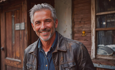Poster - Man wearing a leather jacket and blue shirt is smiling. He is standing in front of a wooden door