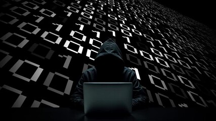 Hacker working on laptop on abstract digital background