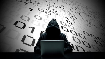 Hacker working on laptop on abstract digital background