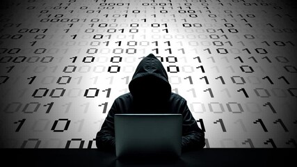 Hacker working on laptop on abstract digital background