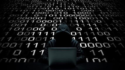 Hacker working on laptop on abstract digital background