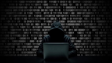 Hacker working on laptop on abstract digital background