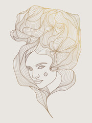 Wall Mural - Vector woman logo face, art deco line beauty illustration. Golden hair fashion, spa care, cosmetic icon. Luxury feminine print