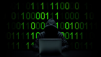Hacker working on laptop on abstract digital background
