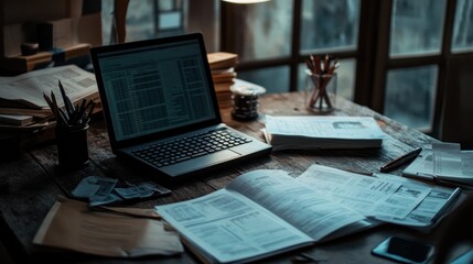 Fototapete - Laptop and Documents on a Wooden Desk Showing Busy Work