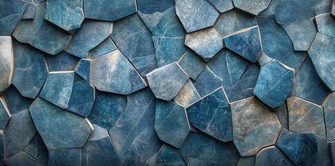Poster - A textured wall made of irregular blue stone pieces, showcasing natural patterns and colors.
