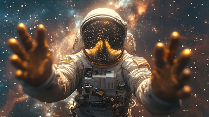 Poster - Astronaut reaches out into the cosmos surrounded by stars and cosmic dust