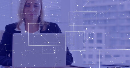 Poster - Image of financial data processing over caucasian businesswoman using laptop in office