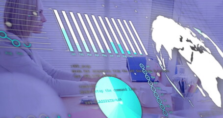 Poster - Image of financial data processing over caucasian businesswoman using computer in office