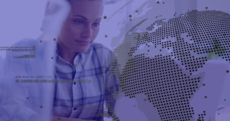 Poster - Image of globe and data processing over biracial businesswoman using laptop in office