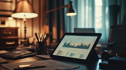 Poster - Tablet Displays Financial Data Graphs On Desk In Office