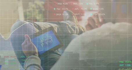 Poster - Image of charts processing data over caucasian man using tablet