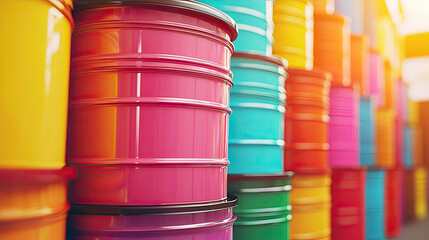 Poster - Colorful barrels neatly arranged in a warehouse, showcasing vibrant industrial design.
