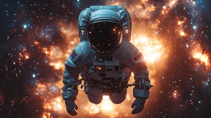 Poster - astronaut exploring the cosmos in weightlessness against a backdrop of stars and galaxies
