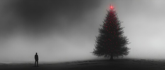 Canvas Print - With a backdrop of snow, a person is positioned in front of a Christmas tree glowing with red lights.