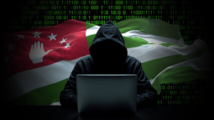 Abhkazia flag - 3D realistic waving flag on matrix digital background with binary code