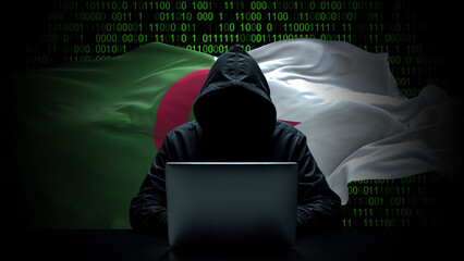 Algeria flag - 3D realistic waving flag on matrix digital background with binary code