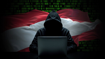 Austria flag - 3D realistic waving flag on matrix digital background with binary code