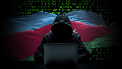 azerbaijan flag - 3d realistic waving flag on matrix digital background with binary code