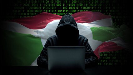 Burundi flag - 3D realistic waving flag on matrix digital background with binary code