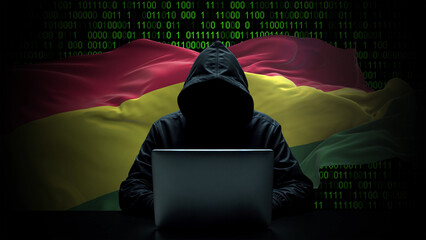 bolivia flag - 3d realistic waving flag on matrix digital background with binary code
