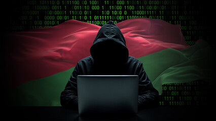 burkina faso flag - 3d realistic waving flag on matrix digital background with binary code