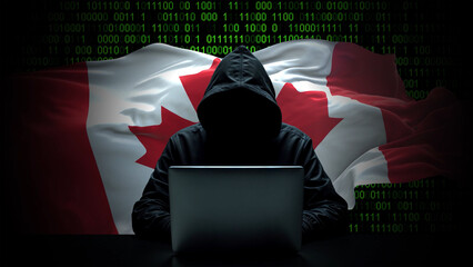 Canada flag - 3D realistic waving flag on matrix digital background with binary code